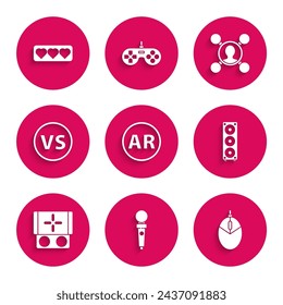 Set Ar, augmented reality, Joystick for arcade machine, Computer mouse gaming, Stereo speaker, Portable video game console, VS Versus battle, Share and Like and heart icon. Vector