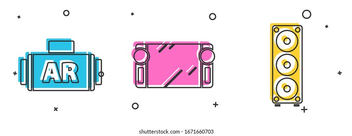 Set Ar, Augmented Reality, Portable Video-Spielkonsole und Stereo-Lautsprecher Symbol. Vektorillustration