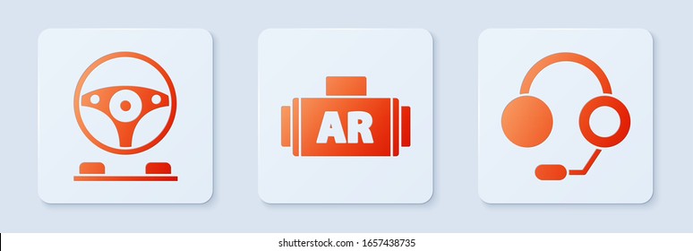 Set Ar, augmented reality, Racing simulator cockpit and Headphones. White square button. Vector