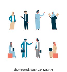 set arab business people different clothes gestures communication concept man woman cartoon character silhouette collection full length isolated