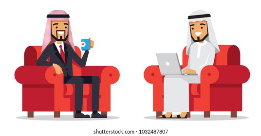 Set of arab businessman sitting on a armchair with laptop and coffee. Vector character design.
