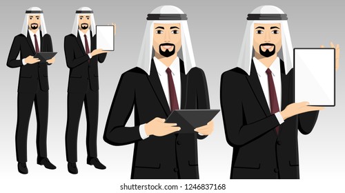 Set of arab businessman with tablet computer. Vector illustration