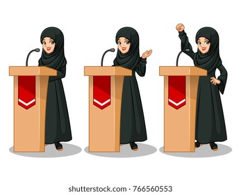 Set of Arab businesswoman in black dress cartoon character design politician orator public speaker giving a talk speech presentation standing behind rostrum podium, isolated against white background.