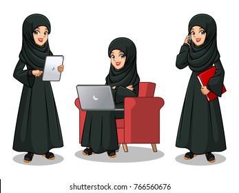 Set of Arab businesswoman in black dress cartoon character design working on gadgets, tablet, laptop computer, and mobile phone, isolated against white background.