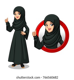 Set of Arab businesswoman in black dress cartoon character design, inside the circle logo concept with showing like, ok, good job, satisfied sign gesture with his thumbs up, isolated against white bac