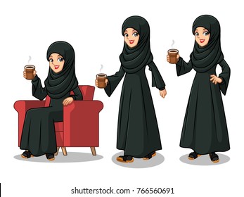 Set of Arab businesswoman in black dress cartoon character design making a break relaxing with holding drinking a coffee tea, isolated against white background.