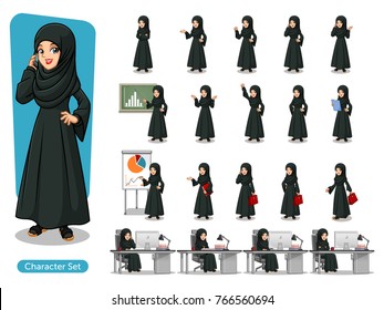 Set of Arab businesswoman in black dress cartoon character design with different poses, isolated against white background.