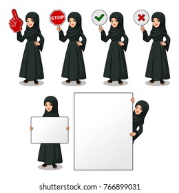 Set Of Arab Businesswoman In Black Dress Holding A Blank Empty Sign Board Banner Billboard Card Poster, Number One Big Foam Hand Finger, Stop, Right Correct Yes And Wrong No Signs.