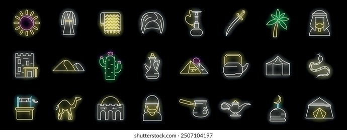 Set of arab culture neon icons with editable stroke and background