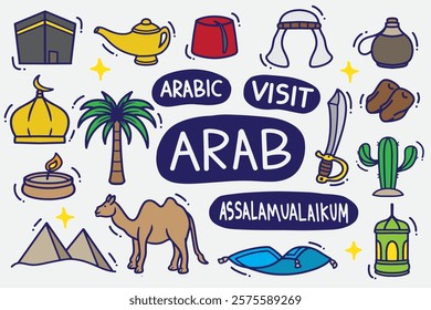 set of arab doodle with color good for background, wallpaper, sticker, element design, icon, etc