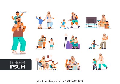 set arab father spending time with little son parenting fatherhood friendly family concept arabic dad having fun with his kid full length horizontal vector illustration