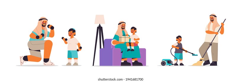 set arab father spending time with little son parenting fatherhood friendly family concept