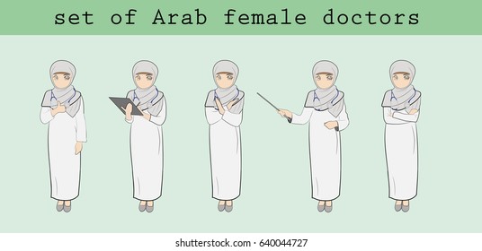A set of Arab female doctors in various poses. Hand drawn cartoon vector illustration for medical design and infographics.