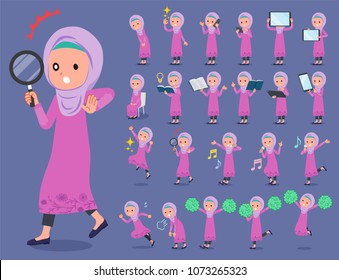 A set of arab girl with digital equipment such as smartphones.
There are actions that express emotions.
It's vector art so it's easy to edit.