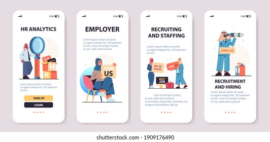 set arab hr managers vacancy open recruitment human resources creative management concept smartphone screens collection horizontal copy space full length vector illustration