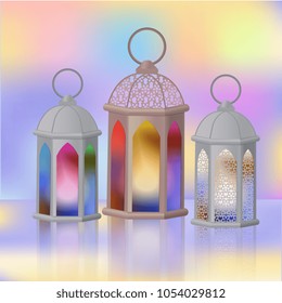 A set of Arab lanterns with multi-colored glass. Fanous is the symbol of Ramadan.