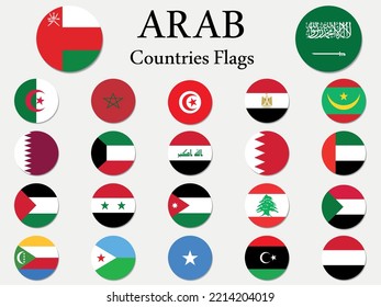 Set of Arab League countries Icon Flags, all 22 Arab Round Icons Flag collection.