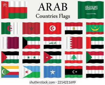 Set of Arab League countries Wavy Flags, All 22 Arab Wavy Floating Flag collection.