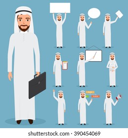 Set Of Arab Man Business Character At Office Work. People Character.