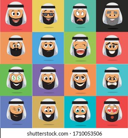 set of  Arab man cartoon character avatars with different facial emotions and expressions, pleased, rage, in love, ill, silent, grumpy, irritated, shy, worried, etc. vector illustration