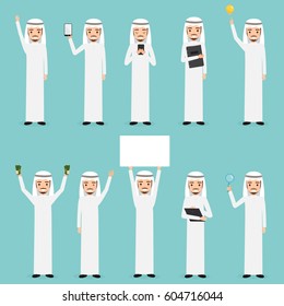 set of arab man character working at office. vector people flat design.