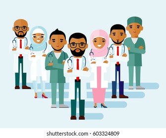 Set Of  Arab Medical People, Muslim Doctor. 
 Vector Illustration Diversity Practitioner, Physician, Nurse.
