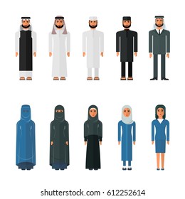 Set of arab men and arab women in traditional Muslim clothing. Flat vector cartoon illustration. Objects isolated on a white background.