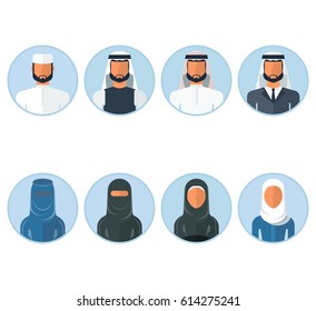 Set of arab men and arab women in traditional Muslim clothing. Flat vector cartoon illustration. Objects isolated on a white background.