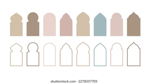 Set of arab mosque windows. Elegant arch, gate shapes. Islamic architecture elements isolated on white background. Icons, vector ilustrations for muslim Ramdan, Eid holiday. Elegant boho frames.