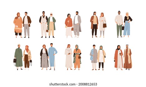 Set Of Arab Muslim Couples. Modern Arabian People In Traditional Hijabs And Trendy Clothes. Saudi Man And Woman. Colored Flat Vector Illustration Of Islamic Characters Isolated On White Background