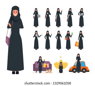 Set of Arab Muslim woman in lifestyle daily. Business people in job. Daily routine activity.