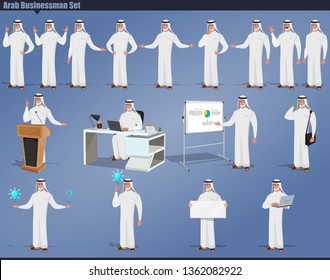 Set of Arab old Businessman with poses Cartoon Design Vector illustration.  Different poses, views, gestures, emotions. 