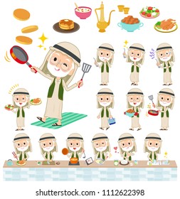 A set of arab old men about cooking.There are actions that are cooking in various ways in the kitchen.It's vector art so it's easy to edit.