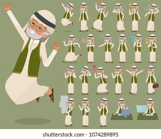 A set of arab old men with who express various emotions.
There are actions related to workplaces and personal computers.
It's vector art so it's easy to edit.