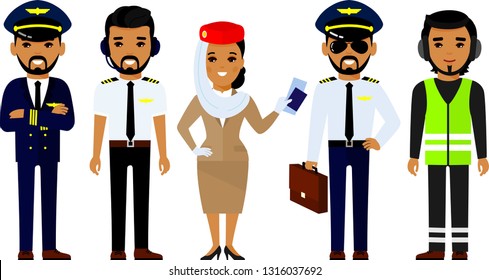 Set of arab people aviation professions, pilot, captain, stewardess and airline staff in different poses. Group of flat cartoon muslim  people aircraft characters in air uniform.
