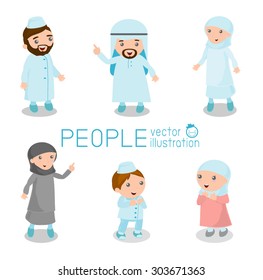 Set of arab people standing deportment various.  isolated on white background. arabian kids, Happy Arabic family members