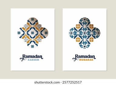 Set of arab posters or brochure templates. Ramadan Kareem greeting cards with hand drawn colorful Moroccan patterns, azulejo tiles. Eid holiday. Islamic backgrounds, web banners. Vector illustrations.