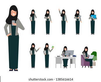 Set of arab uae woman in different pose. Business woman in job routine.