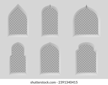 Set of arab window frames isolated on transparent background. Vector realistic illustration of traditional islamic arch gates empty inside, muslim mosque, arabian royal palace, ancient building design