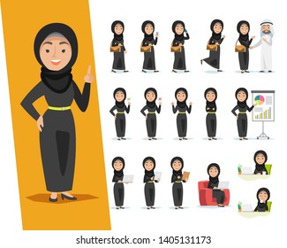 Set of Arab woman character design with a different poses on a white background.