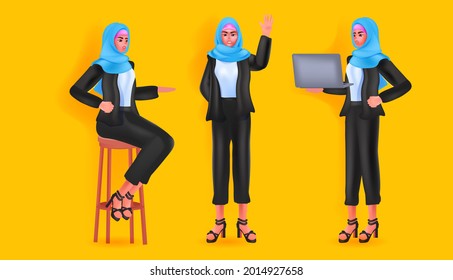 set arab woman in headscarf arabic businesswoman female cartoon character from different angles view