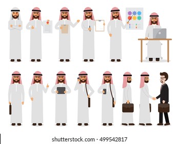 Set of Arab working people on white background. Muslim businessman with gadgets in flat design people characters.