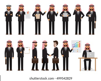 Set of Arab working people on white background. Muslim businessman with gadgets in flat design people characters.