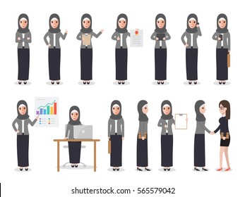 Set of Arab working people on white background. Muslim businesswoman with gadgets in flat design people characters.