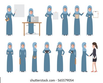 Set von arabischen Arbeitern auf weißem Hintergrund. Muslimische Geschäftsfrau mit Gadgets in flachen Design Menschen Charaktere.