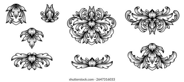 Set arabesque engraving border ornament. Vintage retro ornamental victorian damask engraving sroll. swirl, filigree element. Realistic hand drawn baroque vintage flowers. Gothic decoration art design 