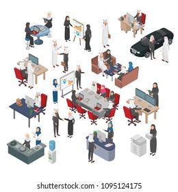 Set of Arabian Bussiness People, Office, Teamwork, Transactions, Negotiation. on Flat Isometric Vector