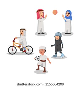 Set of Arabian Children Sport Vector Cartoon Illustration