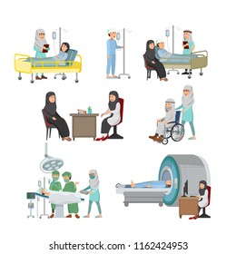 Set of Arabian Doctor And Patient Illustration Medical Treatment on Hospital Vector Cartoon