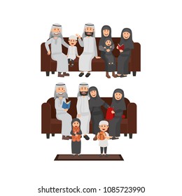 Set of Arabian Family Sitting Together on Sofa, Family Time, Grandparents, Parents and Childs. Vector Flat Illustration